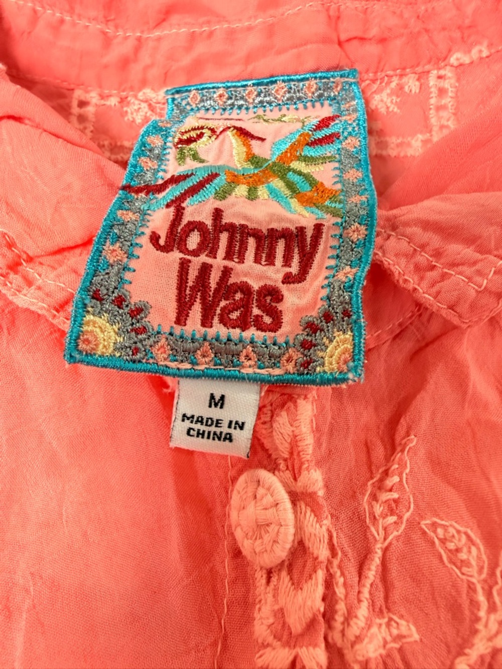 Johnny Was Coral Pink Embroidered Button-Down Shirt - Picture 5 of 6